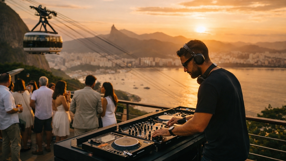 Sugarloaf DJ Set Sugarloaf DJ set at sunset on Morro da Urca, with a DJ performing overlooking Guanabara Bay, Rio de Janeiro skyline, and the cable car in the background
