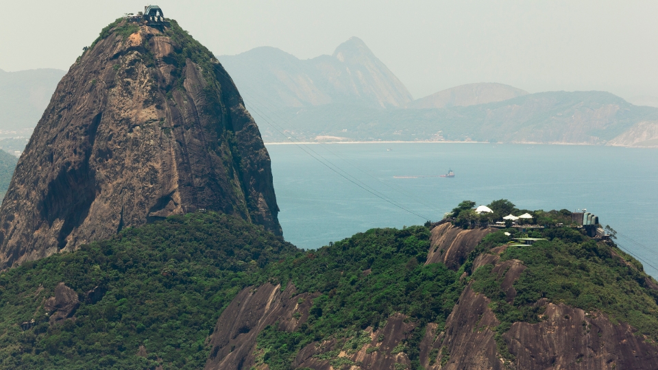 Sugarloaf Dj set and Guanabara Bay at sunset in Rio de Janeiro, panoramic view from Morro da Urca