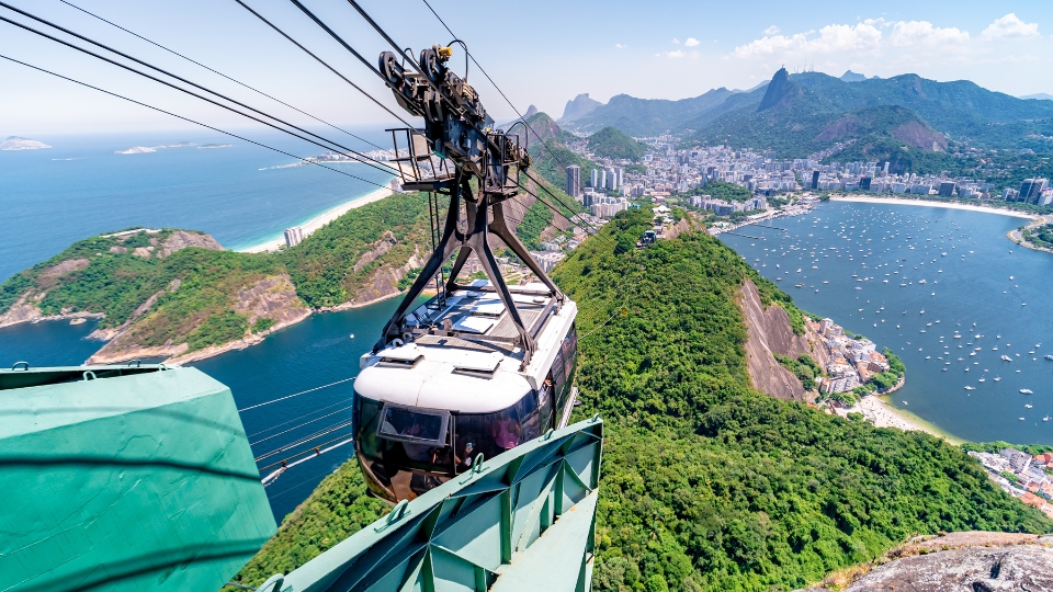 Sugarloaf cable car rising above Guanabara Bay in rio, one of the city’s most iconic landmarks visited on guided tours