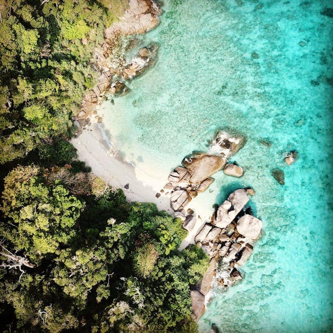 pexels-photo-2365775-2365775 A stunning aerial shot of a turquoise beach with rocks and lush greenery in Thailand.