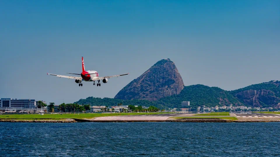 view of santos dumont airport, rio de janeiro Plane arriving at Santos Dumont Airport in Rio de Janeiro after international flights to Brazil