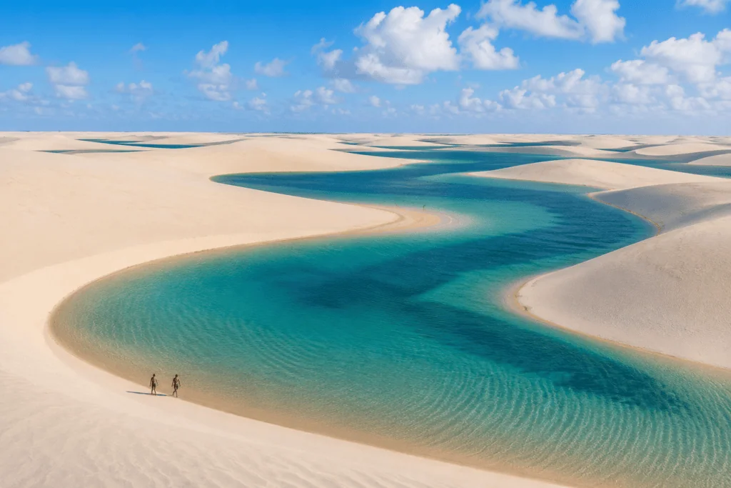 Best Time to Visit Lencois Maranhenses Weather, Lagoons and Travel Planning Aerial picture from a couple travelling to lençóis Maranhenses, in Brazil